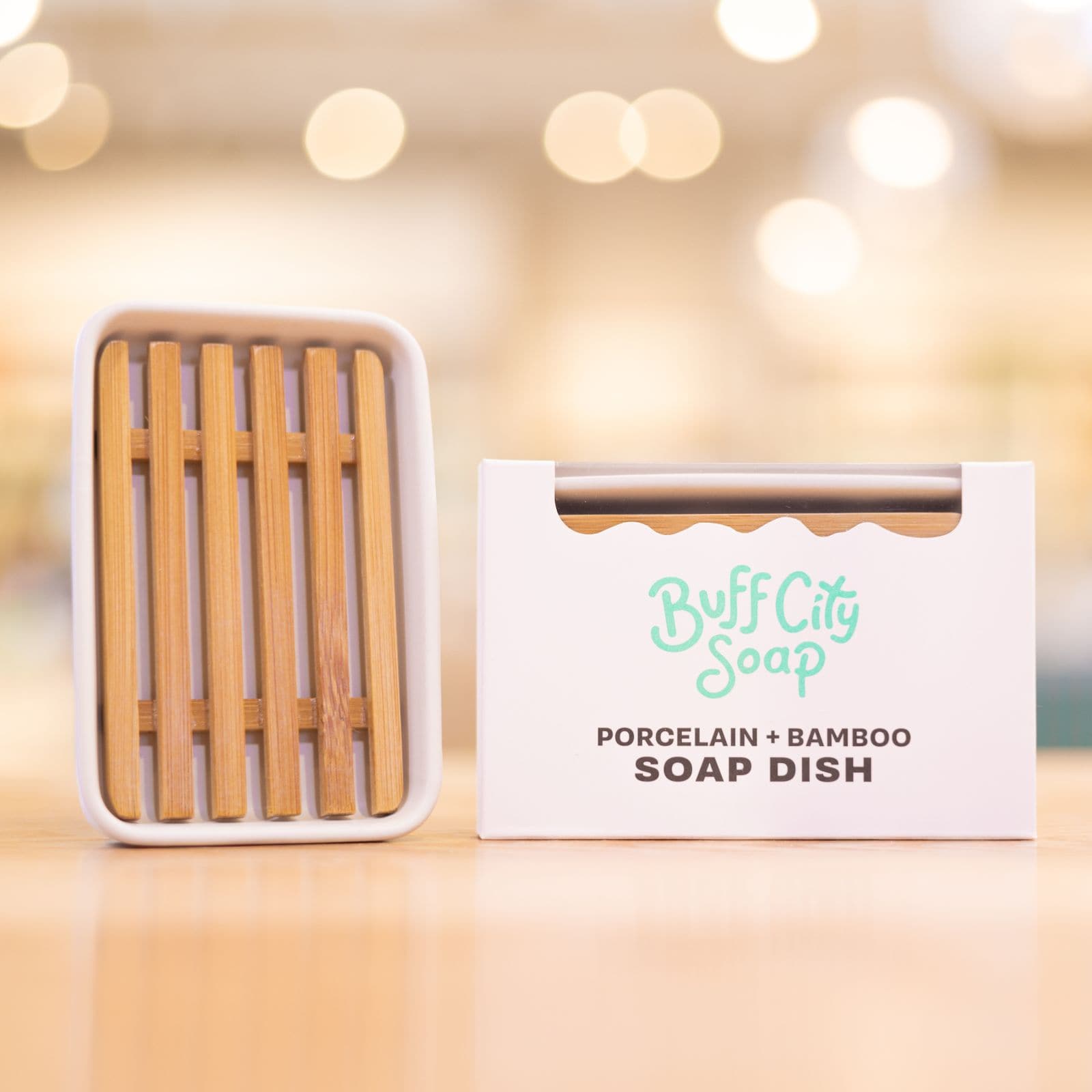White Porcelain and Bamboo Soap Dish by Buff City Soap Supply, LLC