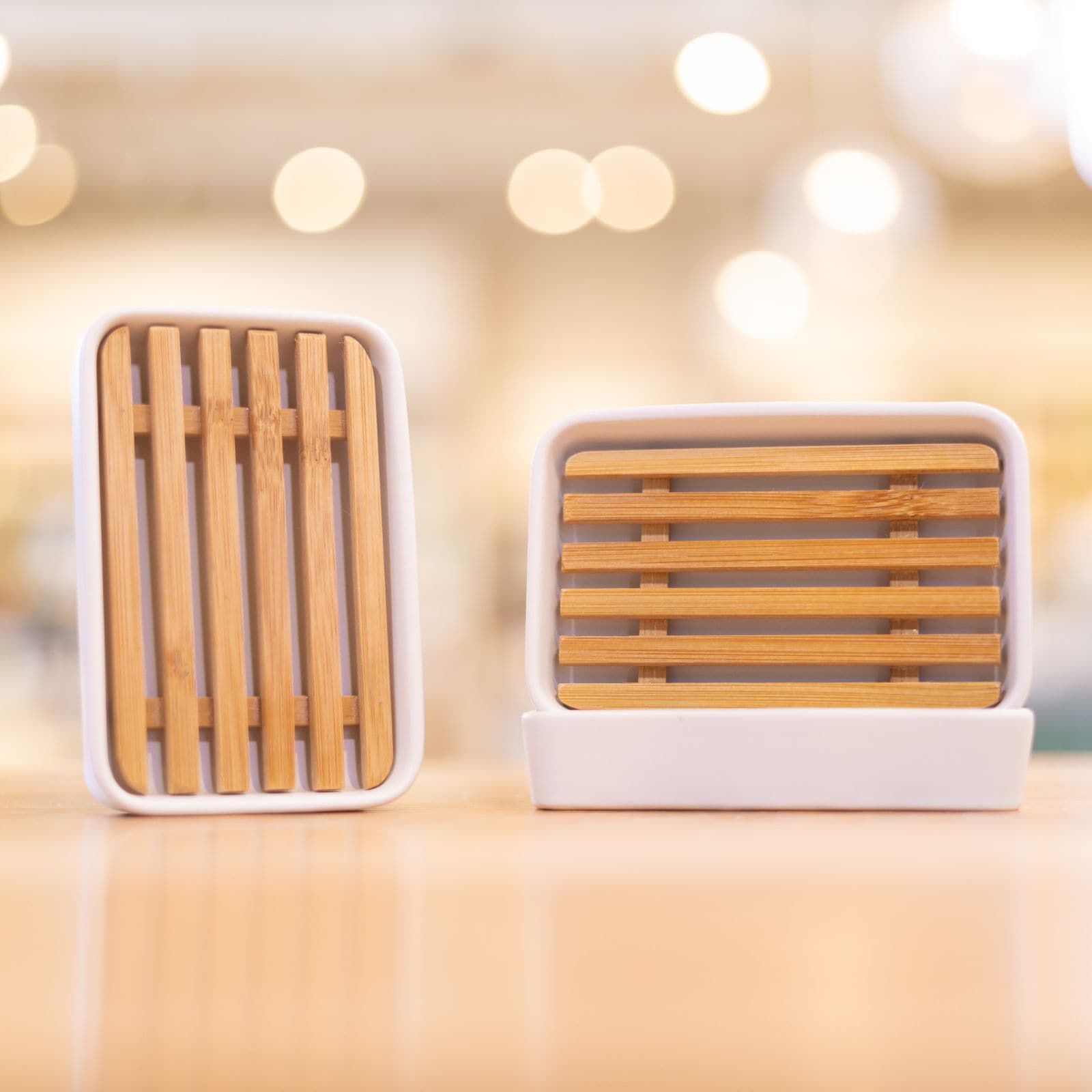 Two Porcelain and Bamboo Soap Dishes